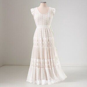 Lace White Romantic Maxi Dress Cutout Back Pyramid Collection SMALL Wedding